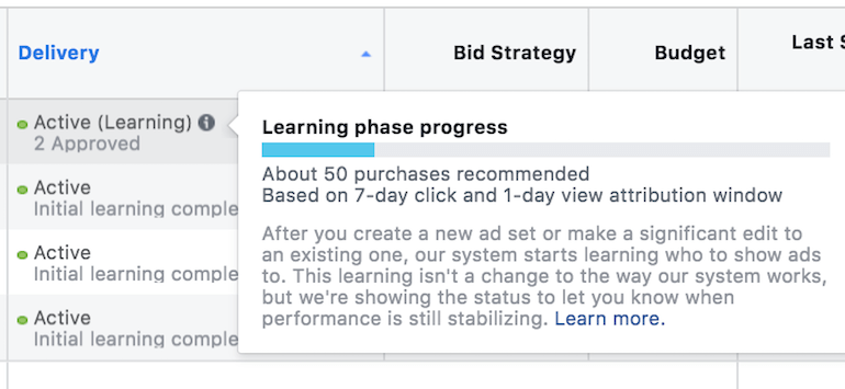 Facebook Ads Learning Phase Example